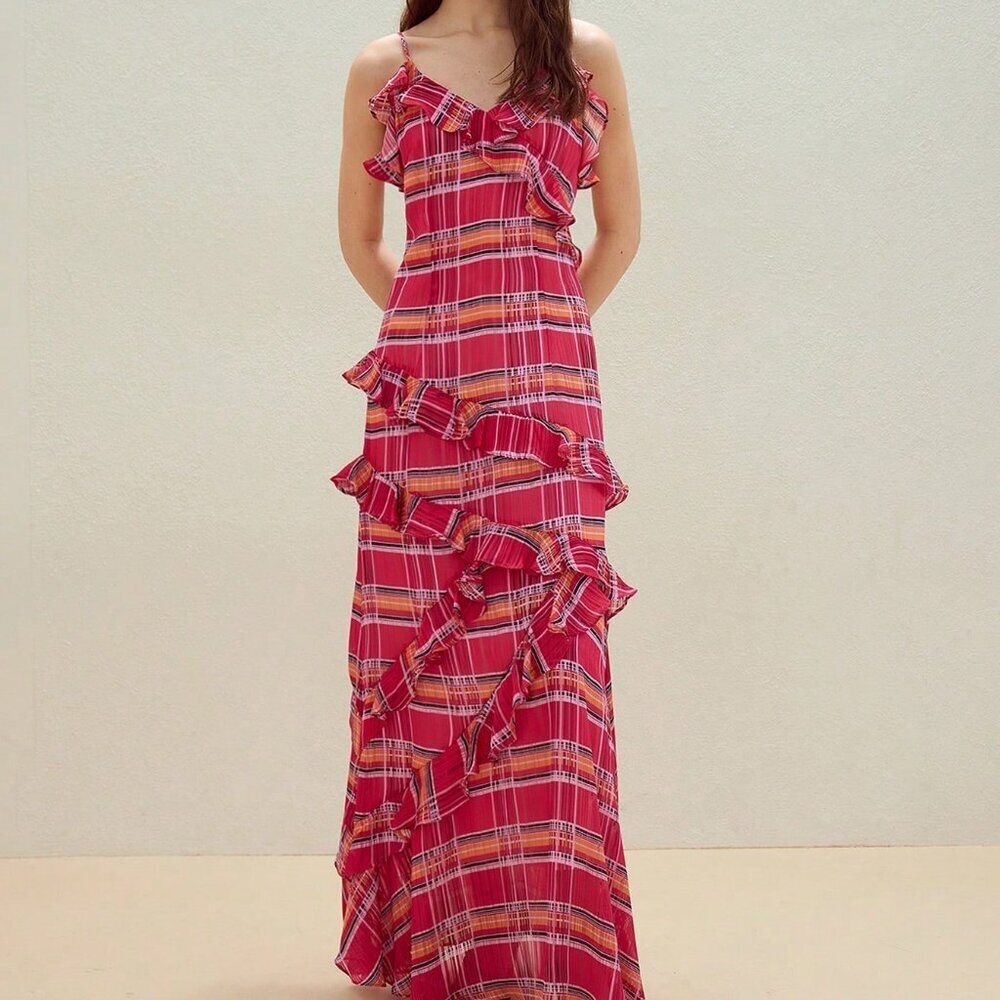 Red Boho Women's Plaid Ruffle Trim Cami Dress - Picture 7 of 7